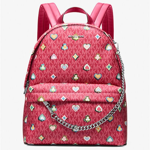 New Michael Kors Slater Medium Printed Signature Logo Backpack Dark Raspberry - Picture 1 of 3
